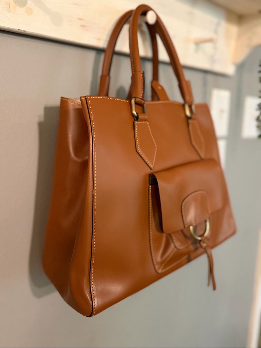 A. Belluci Italian smooth calf Leather Tote with Front Pocket and Ring Accent - Picture 6 of 15
